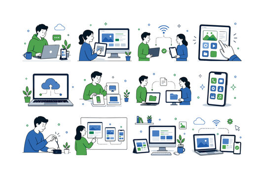 Device Line Technology. Device line icons, computer, laptop, tablet pc, phone, digital workspace, responsive screens, connection, cloud tools, and modern tech scenes. 12 minimalist editorial vector