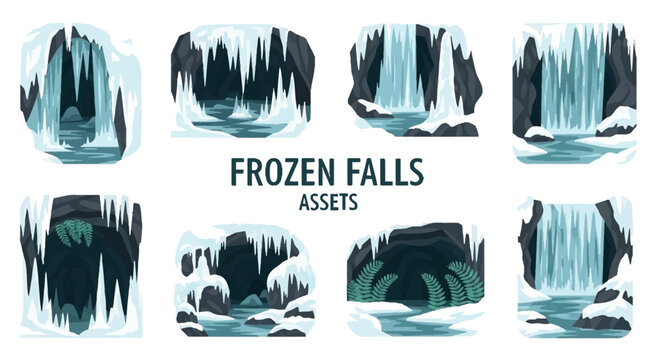 Eight digital illustrations of icethemed caves and waterfalls with icicles and snowy rocks against a white background