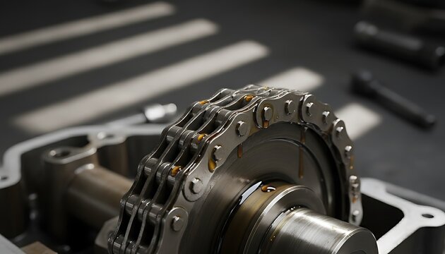 Close-up view of an automotive engine timing chain and sprocket assembly in a workshop setting.