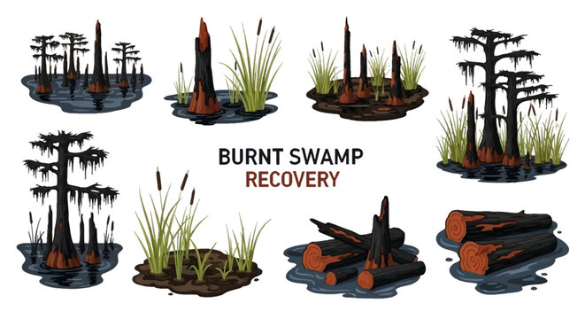 Digital illustrations of a burnt swamp showing charred trees logs and emerging green cattail vegetation