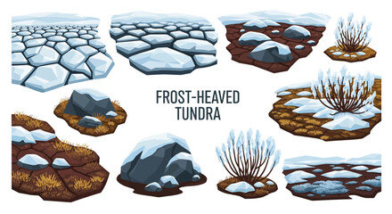 Illustrated asset collection showing polygonal ice patterns snowdusted rocks and frozen shrubs on tundra terrain © Faisal