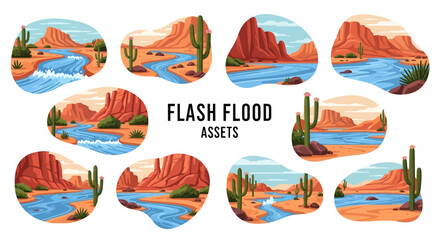 Ten illustrated desert landscapes featuring winding blue rivers red mesas and saguaro cacti set in organicshaped frames © Faisal