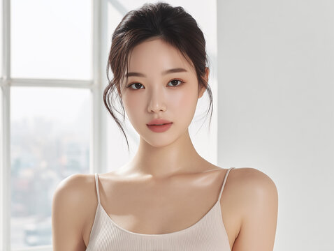 Asian Female model for cosmetic advertising. Beauty skin woman with bare shoulder on light pink background.
