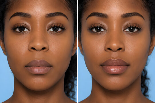 Before and after lip lift surgery on African American woman, bullhorn cheiloplasty cosmetic results, aesthetic lip enhancement