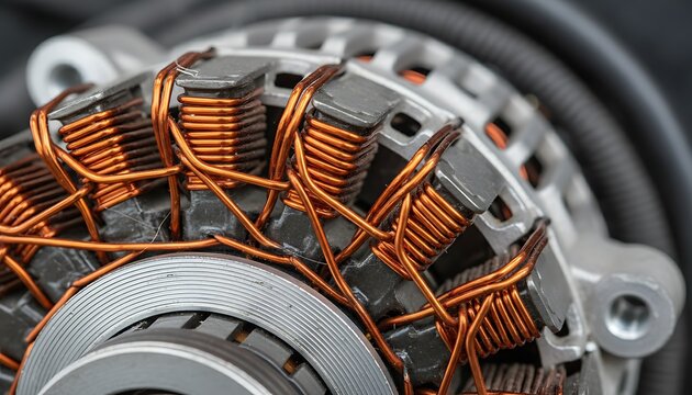 Close-up view of an electric motor or alternator stator with intricate copper wire windings.