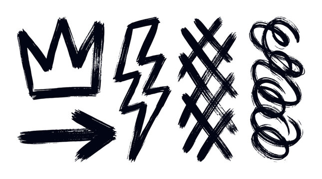 Brush drawn geometric symbols set with crown arrow and lightning