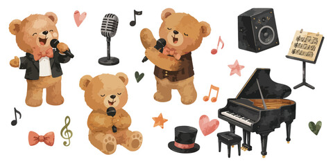  Watercolor music singer teddy bear piano concert clipart  © dian's