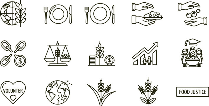 Collection of icons representing food justice and global support for community well being and charitable causes.