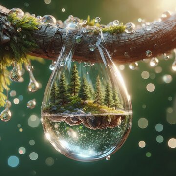 macro photorealistic droplet suspended from a textured branch, containing a miniature island with trees and pebbles, glowing in warm sunlight, lush green bokeh, surreal microcosmic world