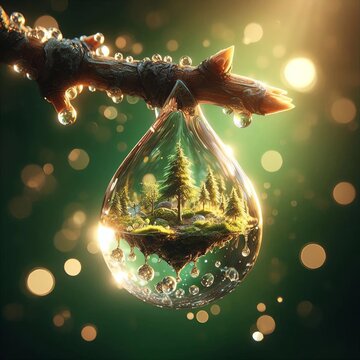 macro photorealistic droplet suspended from a textured branch, containing a miniature island with trees and pebbles, glowing in warm sunlight, lush green bokeh, surreal microcosmic world