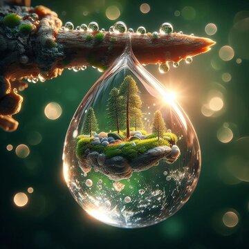 macro photorealistic droplet suspended from a textured branch, containing a miniature island with trees and pebbles, glowing in warm sunlight, lush green bokeh, surreal microcosmic world