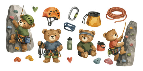 Fototapeta premium Watercolor Rock Climbing Teddy Bear Clipart 