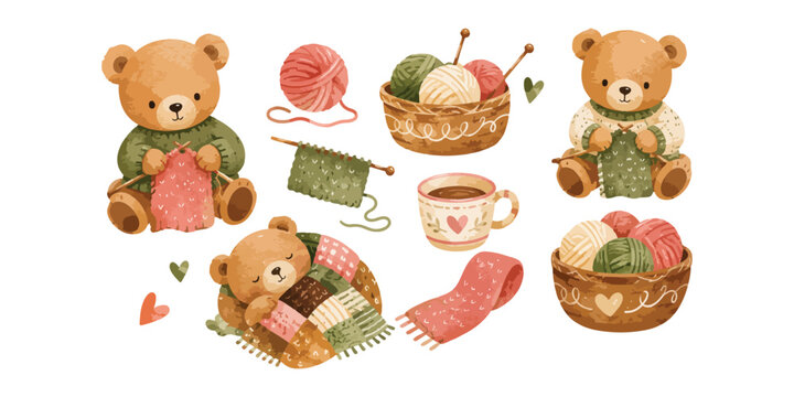 Watercolor Knitting Teddy Bear Clipart 