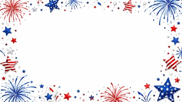 Patriotic watercolor frame with stars and fireworks, red white and blue fourth of july border, american independence day celebration background
