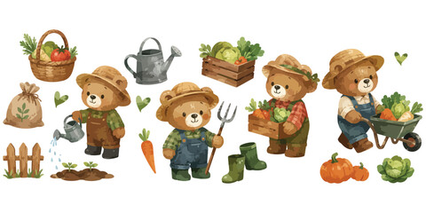 Fototapeta premium Watercolor Gardener Teddy Bear Clipart 
