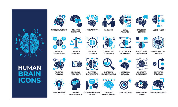 Vector collection of human brain icons representing cognitive functions, psychology, mental health, neuroscience, intelligence, memory, creativity, and problem solving concepts.