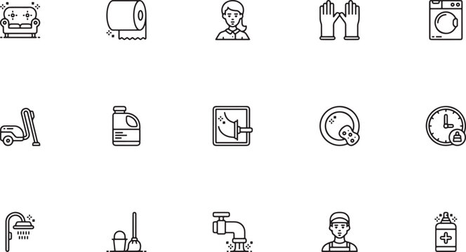 Housekeeping, Cleaning, and Janitorial Services Line Art Icon Set Featuring Maids, Vacuum Cleaners, Window Washing, Laundry, and Plumbing Tools for Domestic Hygiene and Commercial Maintenance Concepts