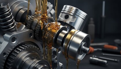 Fototapeta premium Engine lubrication process with oil flowing over pistons, gears, and camshaft components.