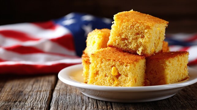 Golden-brown cornbread squares stacked on a white plate, rustic wood table background, a red, white, and blue flag element softly blurred in the distance, warm light, homemade feel
