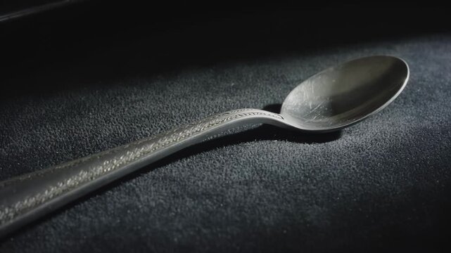 Silver spoon positioned on dark fabric surface, showcasing intricate detailing and reflections as light plays across its curved form in a close-up shot