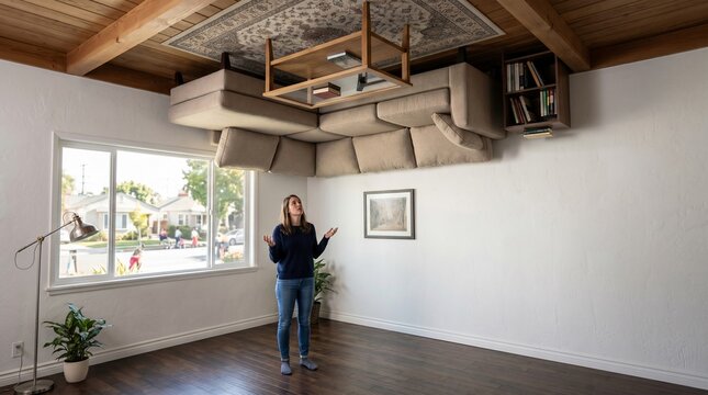Woman looking up at an upside-down living room with a sofa and coffee table on the ceiling