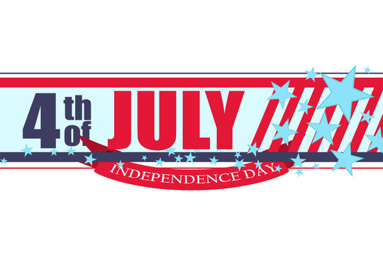 Banner for US Independence Day. Text 4th of July on a background with red and white stripes, decorated with light blue stars and a ribbon. Patriotic American holiday design template.