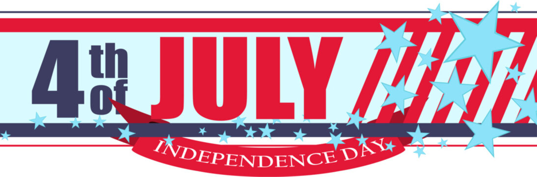 Vector banner for US Independence Day. Text 4th of July on a background with red and white stripes, decorated with light blue stars and a ribbon. Patriotic American holiday design template.