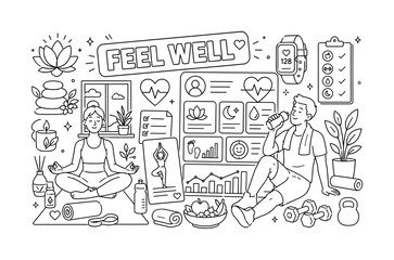 Naklejka premium Wellness Self Care. Clean outline line art banner of wellness: two people practicing self-care beside an oversized meditation mat and a giant health wellbeing dashboard across the full canvas, with