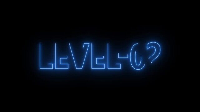 Neon line level up -02 number animation with saber on black background. Video game style LEVEL UP. Neon level up sign. Level - 02