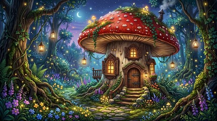 Fototapeta premium Enchanted Mushroom Fairy House in Magical Forest at Night