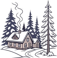 Fototapeta premium Winter house in snowy forest landscape with pine trees and Christmas winter village scenery in cold season illustration scene