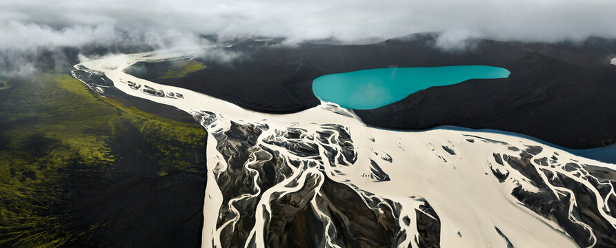 Panorama a&eacute;rien du lac Skyggnisvatn et des rivi&egrave;res glaciaires d'Islande