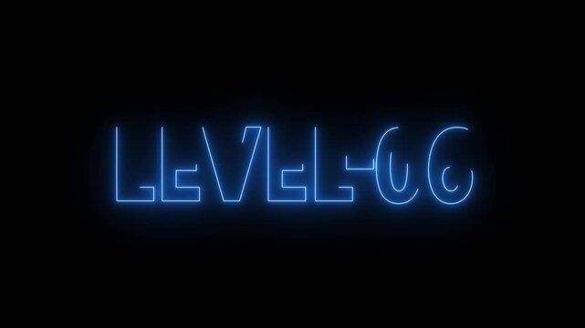 Neon line level up -06 number animation with saber on black background. Video game style LEVEL UP. Neon level up sign. Level - 06
