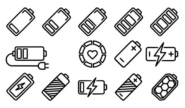Battery Status and Power Charging Line Icon Set with Full Low Discharged Indicators Lightning Bolt Cable Plug and Eco Energy Symbols for UI Interfaces