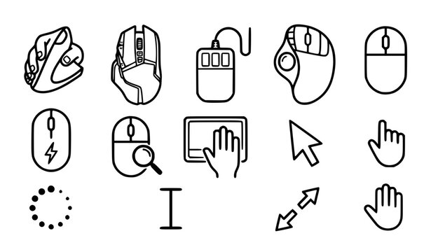 Computer Mouse and UI Cursor Line Icon Set Featuring Vertical Ergonomic Trackball Retro Mice Touchpad and Standard Pointer Navigation Symbols for App Designs