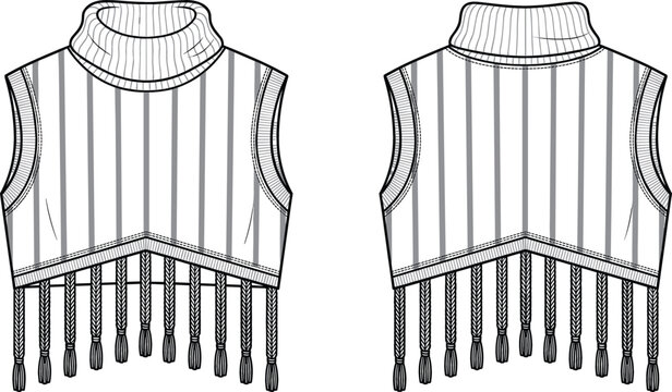 Women cropped knit turtleneck sweater vest vector fashion technical sketch illustration template with fringe tassels front back view