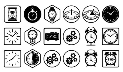 Fototapeta premium Clock and Time Measurement Icon Set with Hourglass Stopwatch Wristwatch Sundial Alarm Clock Digital Timer and Gear Mechanism Symbols for Productivity Designs