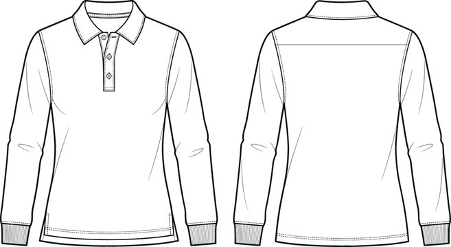 Women long sleeve polo shirt vector fashion technical sketch illustration template showing front and back view for apparel mockups