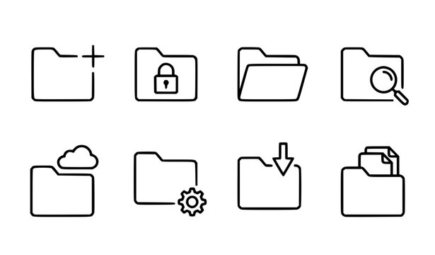 File Folder Line Icon Set with Add Lock Search Cloud Settings Download and Document Directory Symbols for Web UI and App Designs