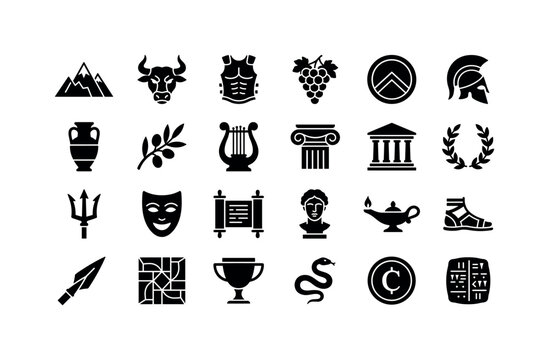 Ancient Greece Glyphs. Solid glyph icon set of Greece artifacts: olympus mountain, minotaur head, bronze armor, grape bunch, aspis shield, Corinthian helmet, amphora, olive branch, lyre, column