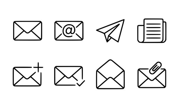 Email and Contact Line Icon Set with Envelope Paper Plane Newsletter Attachment and Message Symbols for Web Interfaces and Mobile Application Designs