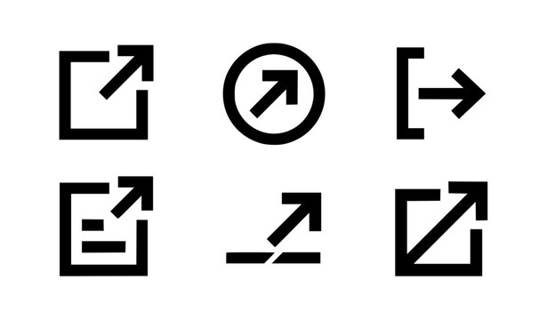 External Link and Export Icon Set with Diagonal Arrow Share Logout and Open in New Window Symbols for Web UI and Apps