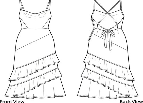 Women ruffle slip dress vector fashion technical sketch illustration template featuring cowl neck and lace up back detail mockups
