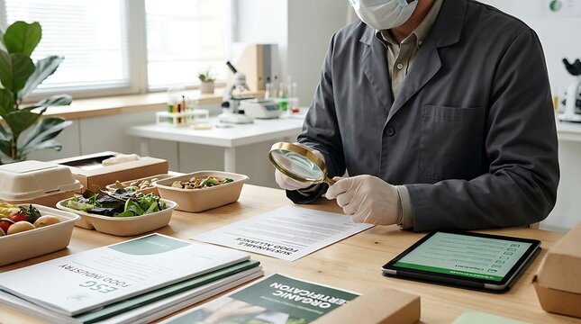Scientist in lab coat examining food samples with magnifying glass