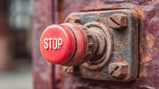 Close-up of a prominent, weathered red emergency button with "STOP" clearly visible, mounted on a heavily rusted, industrial metal surface, conveying urgency and control in a gritty environment