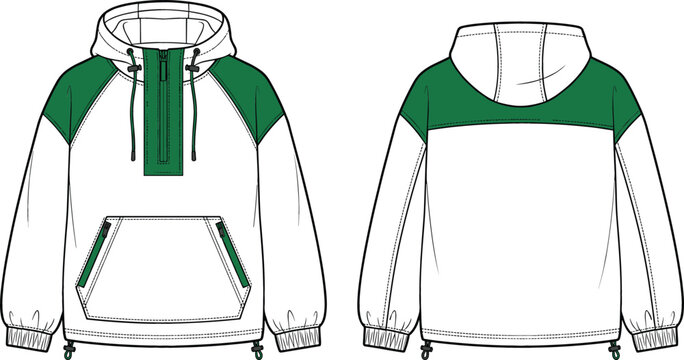 Anorak hoodie jacket vector fashion technical sketch illustration template featuring green contrast panels front and back view mockups