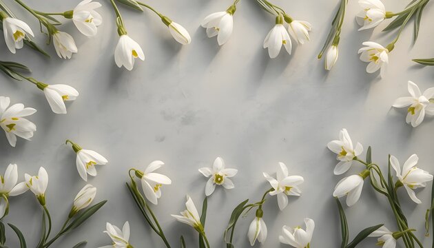 White snowdrop flowers arranged around marble surface symbolizing spring, purity, and natural elegance