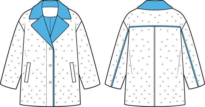 Fashion winter jacket vector technical sketch template illustration with heart pattern collar details front and back view mockups