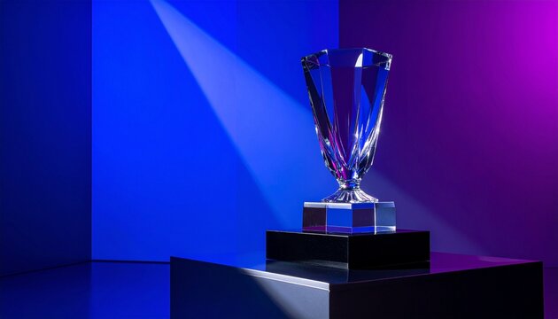 Elegant glass trophy with metallic base illuminated by vibrant blue, purple, and pink lighting, symbolizing achievement, recognition, and success in a celebratory prestigious atmosphere.