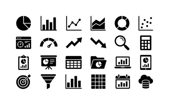 Analytics Chart Dashboard. Solid glyph icon set of graphs charts and data: pie chart, bar chart, line chart, area chart, donut chart, scatter plot, dashboard panel, gauge meter, growth arrow, decline